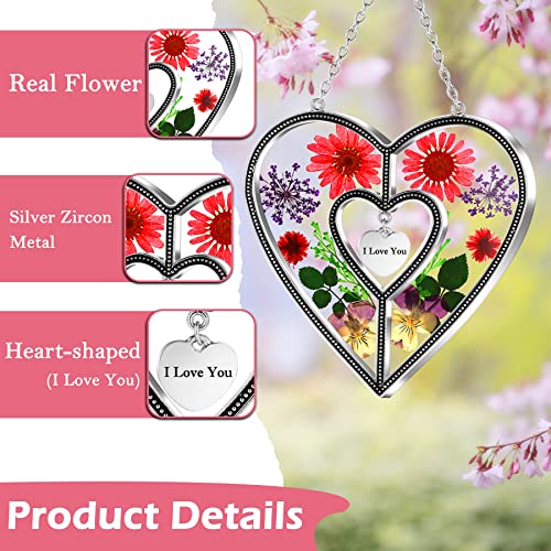 KY&BOSAM Heart Suncatcher Real Pressed Dried Flower Ornament Zinc Alloy Hanging Sun Catchers with I Love You Charm Tag Handmade Preserved Flower Window Wall Decor Sentimental for Mom - color: I Love You, size: I Love You