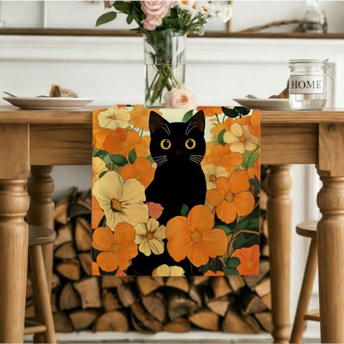 Black Cat Spring Table Runners Floral Spring Table Runner for Home Cat Decorations for Home Office Kitchen Farmhouse Apartment Living Room 13 x 72 Inch - color: Black Cat 07