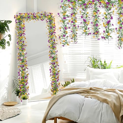 4 Pack Artificial Flowers Garland Ivy,Spring Decor UV Resistant Fake Daisy Vines Floral Vine Silk Hanging Garland for Home Garden Wedding Photo Backdrop Decor (White Yellow Purple, 4PCS) - color: White Yellow Purple, size: 4PCS