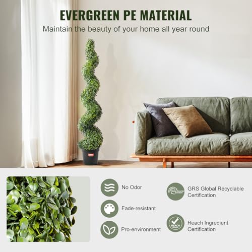 VEVOR Artificial Boxwood Topiary Tree, 60 inch Tall (2 Pieces), Spiral Faux Topiary Trees, Faux Plant w/Extra Leaves & Pot & Small Decoration, UV Rated Greenery Set for Home Decor Indoor/Outdoor - size: 5ft