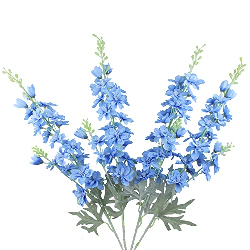 FERIAL Blue Silk Larkspur Flowers 4pcs Artificial Delphinium Faux Snapdragon Long Stem Fake Plant Spray Arrangement for Home Decor Indoor Outdoor Office Garden Wedding Table Vase Decor (Blue) - color: Blue