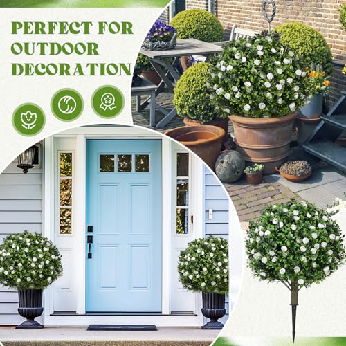 Lunmon 2 Pack 24" Artificial Topiary Ball Plants Trees with Flowers, Outdoor Fake Topiary Plants with Ground Spike, UV Resistant Faux Bushes for Indoor Outdoor Front Door Decor (White,Rose) - color: White, style: Rose