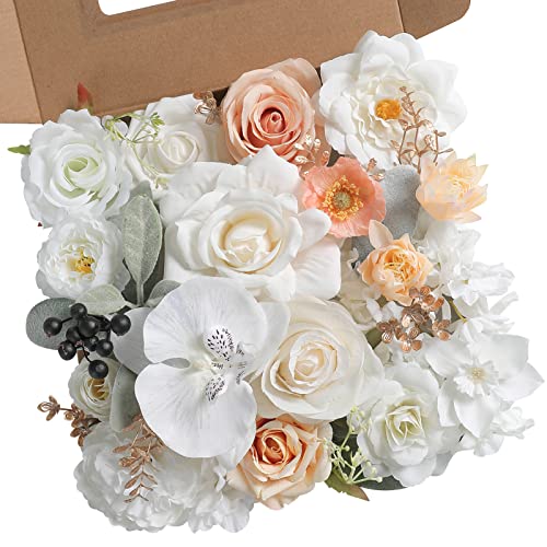 rongflower White Artificial Flowers Combo Silk Mix Fake Flowers Leaf for DIY Wedding Bouquets Centerpieces Arrangements Party Baby Shower Home Decorations - color: White Green