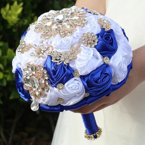 6.3in Small Bridal Bouquet Wedding Handmade with Luxury Gold Rhinestone Brooch Satin Rose Flower for Bridesmaid Bridal Wedding Bouquet White and Royal Blue - color: White & Royal Blue, size: Small (DIA. 6.3"/16cm)