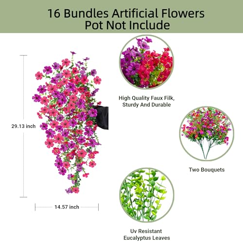 UV Resistant Artificial Hanging Flowers Outdoor Decor - 2 Pack Fake Hanging Plants with Silk Daisies for Spring Summer, No Fade Faux Flowers for Planter, Front Door, Porch, Patio, Garden, Yard - color: Light Purple Rose Red