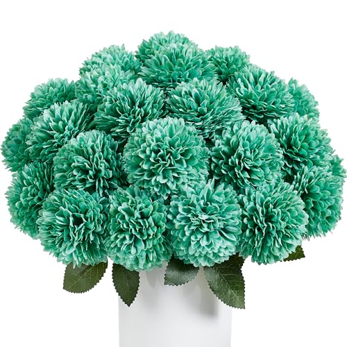 SITUMEIZI 12 Pcs Teal Flowers Artificial Chrysanthemums Flowers Ball Flower Fake Mums Silk for Wedding Home Kitchen Decoration Floral Arrangement - color: Teal, size: 12 Pieces