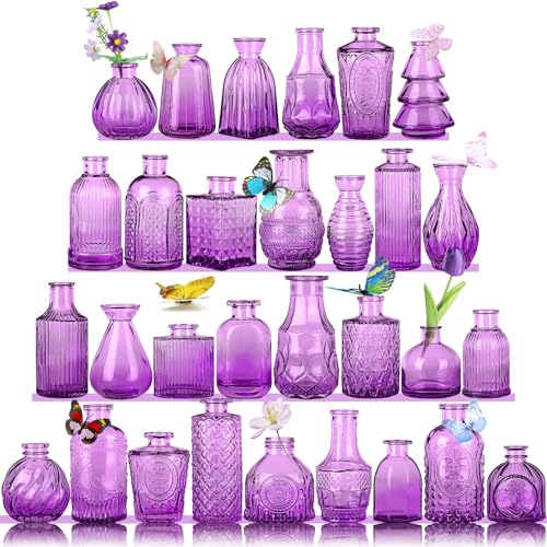 Mini Glass Bud Vases,Versatile Small Bud vases for Home and Wedding Decor, Exquisite Bridal Shower Table Centerpieces,Aromatherapy Bottles,Candle Holder, Ideal of Gifts(Pack of 30,Purple) - color: Purple, size: 30 pcs