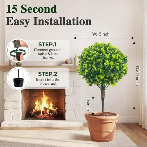 PATIO CHOICE Topiary Trees Artificial Outdoor Boxwood Ball Trees with Ground Spike Set of 2 22" Fake Outdoor Plants Faux Bushes and Shrubs Decorations for Outdoor Indoor Front Porch Garden - color: Green, size: 22in