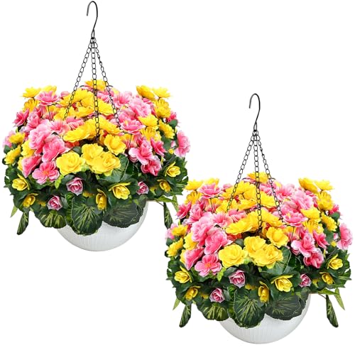 Set of 2 Artificial Flowers with Hanging Baskets, Pre-Assembled Silk Fake Flower Large Look Real UV Resistant for Outdoor Indoor Balcony Garden Porch Yard Home Decor, Yellow Pink - color: Yellow Pink