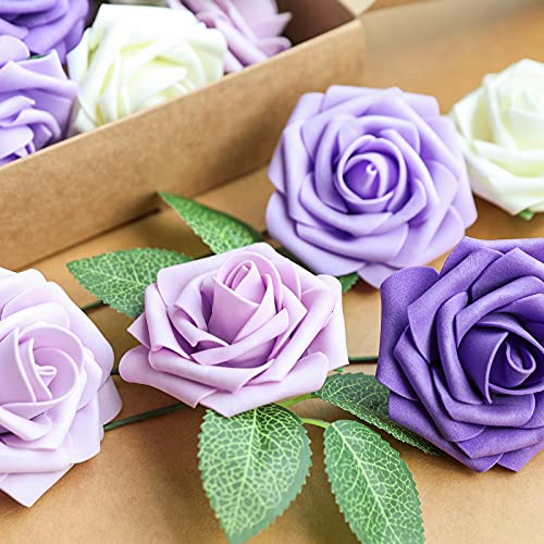 AmyHomie Artificial Flower Seriesc Purple Rose 25pcs Real Looking Fake Roses w/Stem for DIY Wedding Bouquets Centerpieces Arrangements Party Baby Shower Valentines Day Christmas Tree Decorations - color: Seriesc Purple