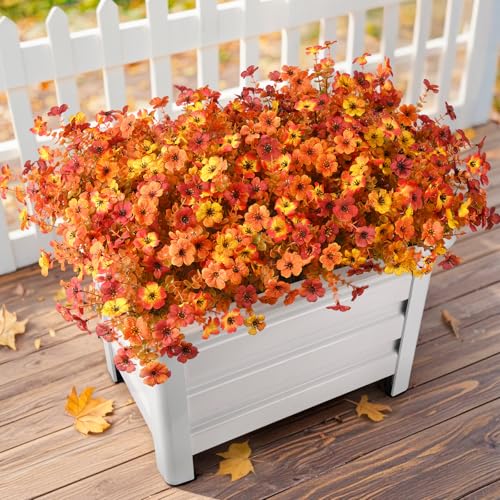 Artificial Fall Flowers for Outdoor, 12 Bundles 4 Colors Faux Mums Fake Fall Plants for Decoration, UV Resistant No Fade Silk Plastic Flower for Autumn Porch Patio Planters Windowbox Yard Garden - color: Orange,golden,autumn Sunset Red