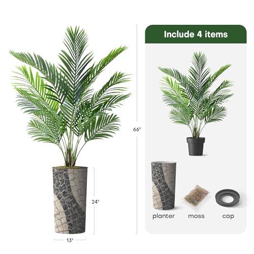 Artificial Tree in Geometric Pattern Planter, Fake Areca Tropical Palm Silk Tree for Indoor and Outdoor Home Decoration - 66" Overall Tall (Plant Pot Plus Tree) - style: Areca Palm Tree