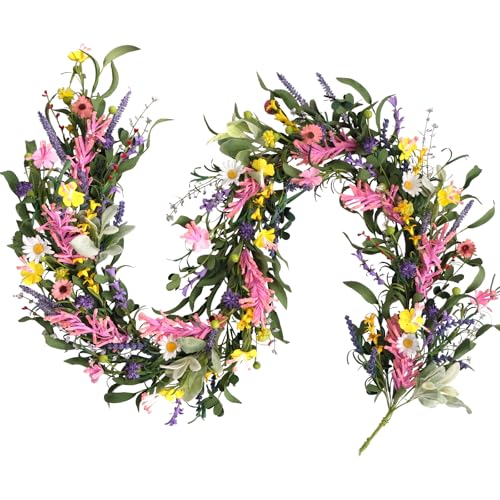 Bibelot70inch Spring/Summer Garland with Flowers, Artificial Fake Flower Greenery Garland with Daisies, Lavender for Baby Shower Wedding Mantle Party Table Centerpiece All Season Decor