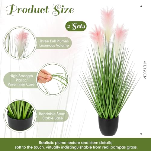 Jexine 2 Pcs 4 ft Artificial Tall Grass Plants for Outdoor Faux Tall Grasses Plant with Reed Flowers Potted Fake Greenery Plants for Housewarming Gift House Garden Lobby Outdoor Decoration (Pink) - color: Pink