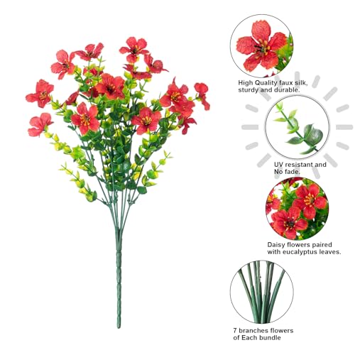 HyeFlora Artificial Flowers for Outdoor Indoor Garden Home Decoration, Faux Flower Daisy with Eucalyptus Leaves Fake Plants Greenery Boxwood Porch Patio, 12 Bundles (Red) - color: Red