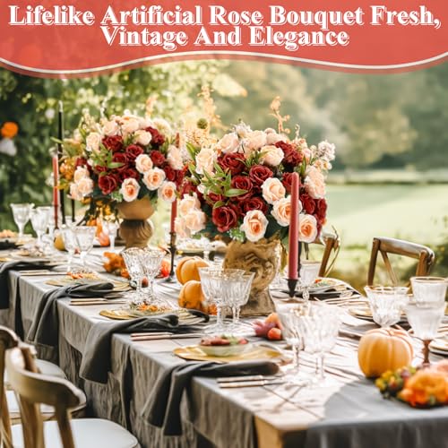 Zeyune 8 Pack Artificial Mini Burnt Orange and Champagne Roses 12 Inch Fake Flowers with Stems 80 Small 1.6 Inch Flower Heads Silk Mini Rose Bouquets for Wedding Bridal Bouquets Home Party Decor - color: Burnt Orange and Champagne