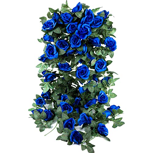 4 Pack (32FT) Artificial Rose Vine Fake Flowers Garland Hanging Silk Rose Ivy Plants Vine for Wedding Arch Party Garden Home Bedroom Office Wall Aesthetic Art Décor (Royal Blue) - color: Blue