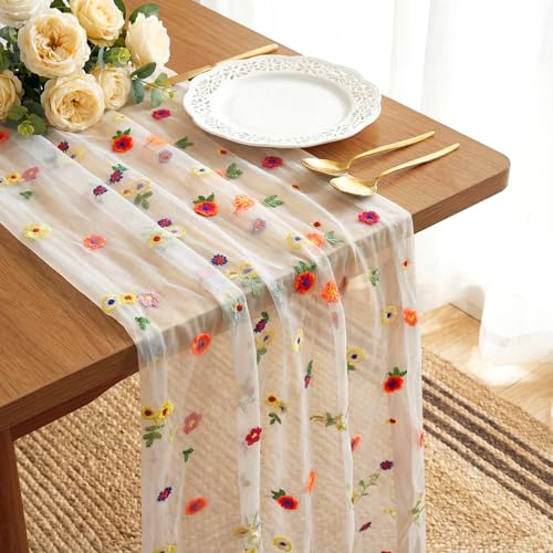 VAIPI Embroidery Floral Table Runner Rustic Spring Summer Wildflower Tulle Table Runner Vintage Flower Tabletop Runners Decoration for Home Wedding Party, 108 x 24.5 inch (Multicolor Flowers) - color: Multicolor Flowers, size: 108*24.5 inch