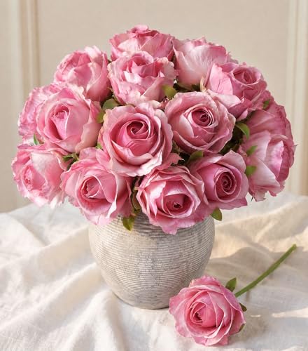 Ivydale 18pcs Pink Roses Artificial Flowers, Fake Roses Silk Flowers with Stems Realistic Bouquet for Wedding Party Mother's Day DIY Centerpiece Floral Romantic Gifts - color: Rose-a Pink
