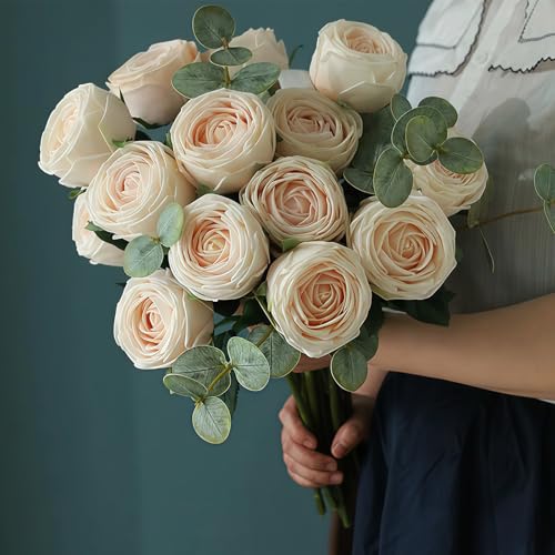 5Pcs Champagne Real Touch Silk Flowers - Lifelike Roses Peony | Lifelike champagne roses & peonies with soft latex touch, no watering needed. Perfect for wedding bouquets, home decor & DIY - color: Champagne