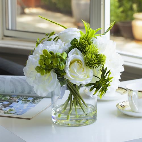ENOVA FLORAL Artificial Rose Flowers in Vase, Mixed White Rose and Silk Peonies in Vase with Faux Water for Dining Table Centerpieces, Home Decor Indoor (FL-20-Cream) - color: Fl-20-cream