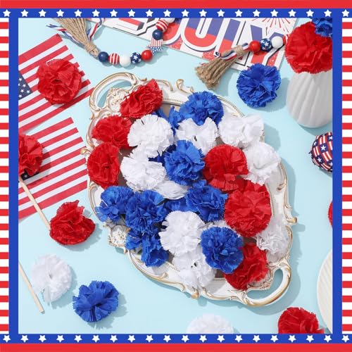 Syhood 50 Pcs 4th of July Marigold Flower Bulk Red White and Blue Flowers Memorial Day Decorations Patriotic Floral with Stems DIY Garland(2.4 Inch, Independence Day Colors) - color: Blue, Red, White