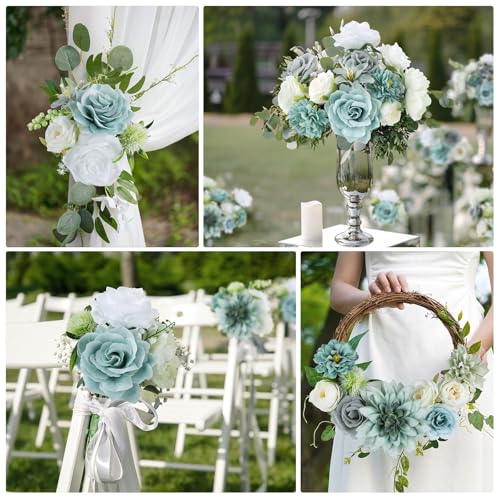 AmyHomie Teal Blue Artificial Flowers Combo Silk Mix Peony Rose Fake Flowers w/Stem for DIY Wedding Bouquets Centerpieces Arrangements Table Fall Decor Party Bridal Baby Shower Home Decorations - color: Teal Blue