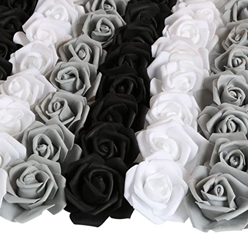 100pcs Black Roses Artificial Flowers,3inch White Foam Fake Rose Heads Stemless Gray Faux Flowers Bulk for DIY Crafts,Cake Wedding,Baby Shower Centerpieces Decor(Black,White,Gray) - color: Black&white&gray