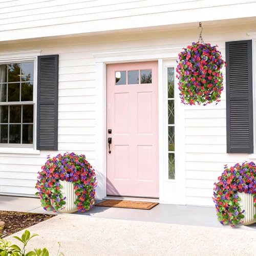 Artificial Fake Hanging Flowers for Outdoors, 2 Pcs Artificial Hanging Plants Outdoors Spring Summer Decor, UV Resistant Faux Violet Silk Flowers for Planters Front Door Yard Garden(Purple Rose Red) - color: Purple Rose Red