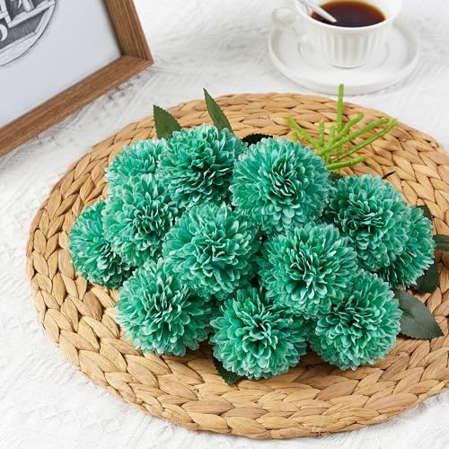 SITUMEIZI 12 Pcs Teal Flowers Artificial Chrysanthemums Flowers Ball Flower Fake Mums Silk for Wedding Home Kitchen Decoration Floral Arrangement - color: Teal, size: 12 Pieces