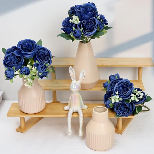 Flower Table Centerpiece - Dining Table Centerpiece Decor Set of 3 Fake Peonies in Ceramic Vases & Wood Tray Modern for Kitchen Island Living Room Coffee Table Home Decor (Royal Blue) - color: Royal Blue