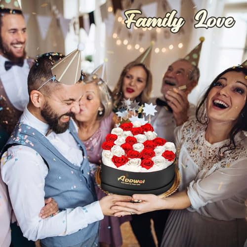 ADDWel Romantic Preserved Roses Bouquet for Her Anniversary, Birthday Flower Gifts for Women, 27-Pieces Eternal Roses with Natural Fragrance in Heart-Shape Box for Wife Girlfriend Mom - color: Red & White - 27 Roses
