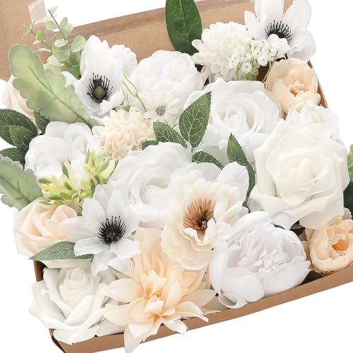 Floroom Cream White Artificial Flowers Fake Roses Dahlias Peonies Poppies and Greenery Combo Box Set for DIY Wedding Bouquets Bridal Shower Centerpieces Floral Arrangements Party Tables Decorations - color: Ethereal Cream & White