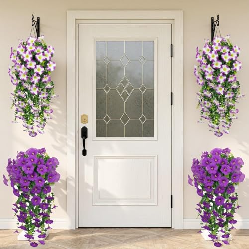 Artificial Hanging Flowers for Outdoors, 6 PCS Silk Morning Glory Artificial Flowers with Eucalyptus Leaves, UV Resistant Fake Flower Realistic Faux Plants for Home Patio Porch, Petunias+Lotus - color: Petunias-lotus