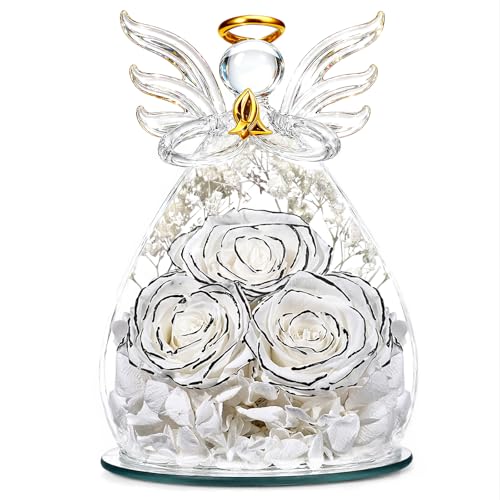 Beferr Gifts for Mom Birthday Gifts for Women, Fresh Flowers for Delivery Forever Preserved Rose in Glass Angel Figurine, Anniversary Christian Real Rose for Grandma Wife Mother from Daughter Son - color: N White-limited Edition