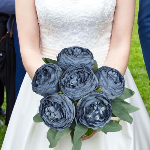 6PCS Blue Peony Artificial Flowers 19.7" Vintage Fake Peonies Silk Flower Arrangements for Wedding Bridal Bouquet Home Party Office Decoration(Blue) - color: Blue