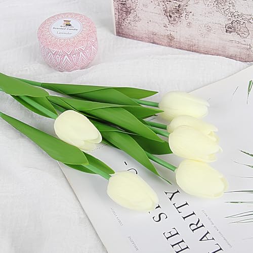 Artificial Tulips Flowers Fake Latex Tulip Stems - 30pcs Real Touch Faux Multicolor Tulips Flower for Easter Spring Wedding Bouquet Centerpiece Floral Arrangement Cemetery Table Decor - color: Cream