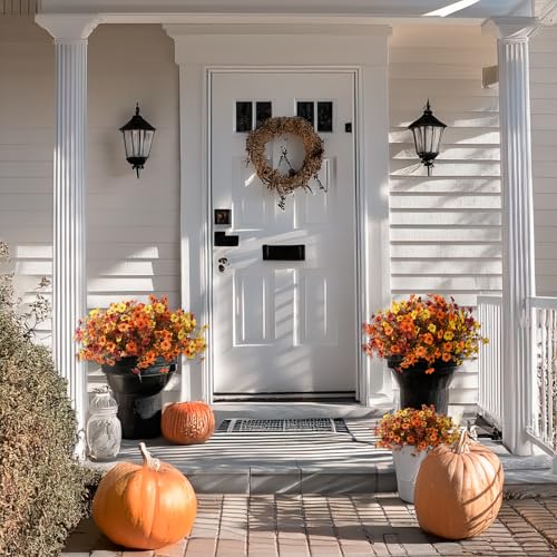 INQCMY Artificial Fake Fall Plants Flowers for Outdoor Outside Decoration,12 Bundles Faux Silk Colorful Daisy UV Resistant Look Real No Fade for Front Door Porch Patio Yard Balcony Autumn Decor - color: Orange Yellow Brown, size: 12 PCS