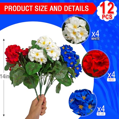 Hananona 12 Pcs Artificial Geranium Flowers for Outdoors Geranium Silk Red White Blue Flowers Outdoor UV Resistant Plants Faux Patriotic Flowers for 4th of July Home Decor (12, RedWhiteBlue) - color: Redwhiteblue
