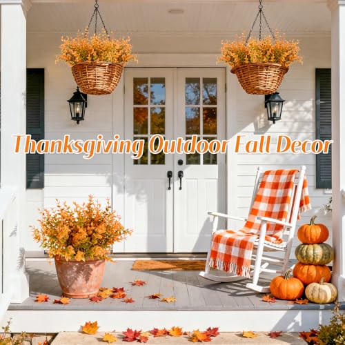 RAINFLOW Artificial Fall Flowers for Outdoors - 4PCS Autumn Brown Fake Mums, UV Resistant Fake Eucalyptus Stems for Vase Home Christmas Wedding Party Garden Porch Fall Thanksgiving Decorations