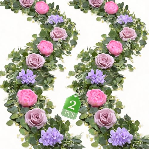Livole 2Pcs 12 Ft Artificial Flower Garland Fake Pink Rose Peony Floral Garland with Eucalyptus Flower Hanging Vine for Wedding Arch Table Centerpieces Backdrop Party Home Decorations - color: Pink, size: 2 Pcs