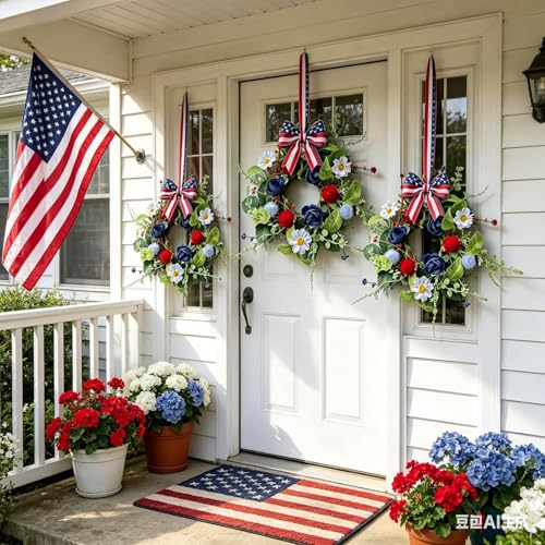 6 Pcs Mini 4th of July Hanging Wreaths for Cabinets with Navy Blue Rose and White Daisy Flowers Artificial Small Independence Day Candle Holder Wreath with Red Stripes for Front Door Window Porch Wall - color: Patriotic-2