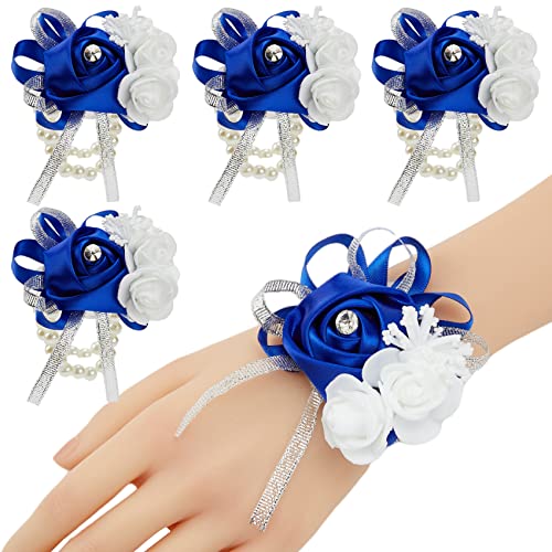 4pcs Royal Blue Wedding Wrist Corsages Faux Silk Rose for Women | for Wedding, Prom, Homecoming, and Evening Party, Wrist Corsages with Pearls for Brides, Bridesmaids, Mother of the Bride - color: 4pcs Royal Blue Wrist Corsages