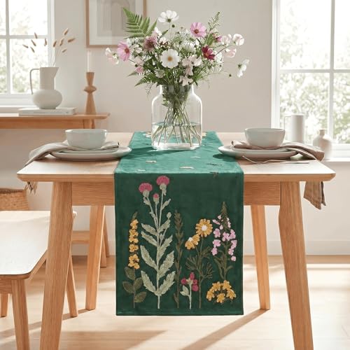 Artoid Mode Green Soft Chain Embroidery Wild Floral Christmas Table Runner, Seasonal Spring Kitchen Dining Table Decoration for Home Party Decor 13x72 Inch - color: Green, size: 13" x 72", Table Runner