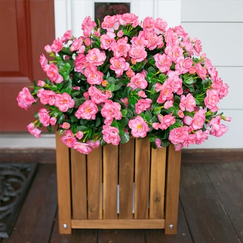 Artificial Faux Flowers Plants for Outdoor Outside Spring Decoration, Fake Silk Pink Camellia UV Resistant Realistic for Planter Pot Porch Patio Balcony Garden Yard Home Decor, 3 Large Bundles - color: Pink 2