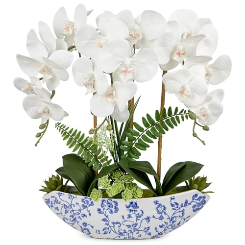 Briful Orchid Artificial Flowers 18in White Fake Orchid Silk Flowers with Blue and White Ceramic Vase Faux Orchid Arrangement for Home Office Room Coffee Table Centerpiece Modern Decor - color: White-floral Pattern Vase