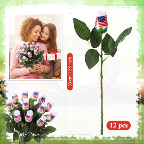 Suhine 12 Pcs 4th of July Rose Flowers Patriotic Table Centerpieces Independence Day Party Decorations Supplies Artificial USA Flag Flowers Gifts for Veterans Election Memorial Day (4th July, Normal) - color: 4th July, size: Normal