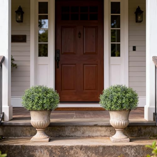 2 Sets Artificial Rosemary Topiary Ball Trees for Front Door - UV Resistant Faux Outdoor Rosemary Bushes, Fake Spring/Summer Greenery Potted Plants for Farmhouse Garden Porch Outside Decor