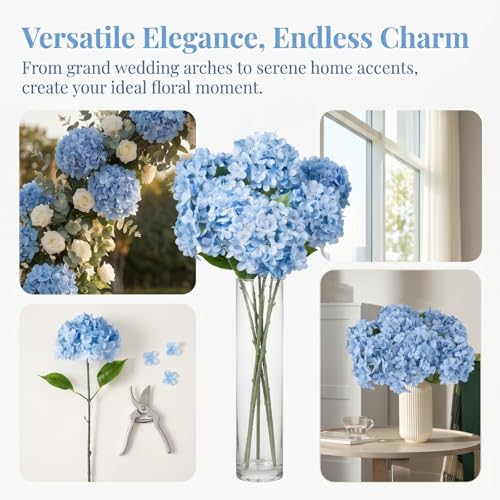 Blue Hydrangea Artificial Flowers 10pcs 22" Faux Hydrangea (10, blue) | Bouquets Arrangement For Home Table Centerpieces Wedding Baby Shower Birthday Party Decoration - color: Blue