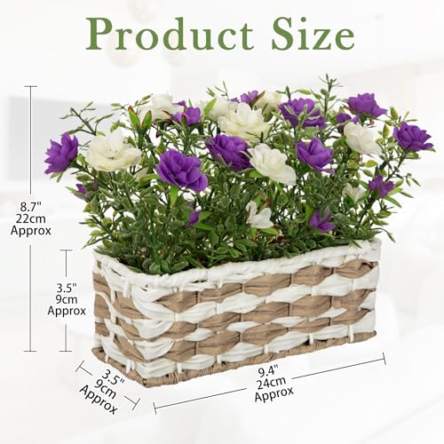 Artificial Rose Flowers with Woven Basket, Faux Roses in Fake Rattan Planter for Table Centerpiece, Romantic Floral Arrangement for Home Bathroom Office Desk Spring & Rustic Decor, Cream White Purple - color: Cream White & Purple